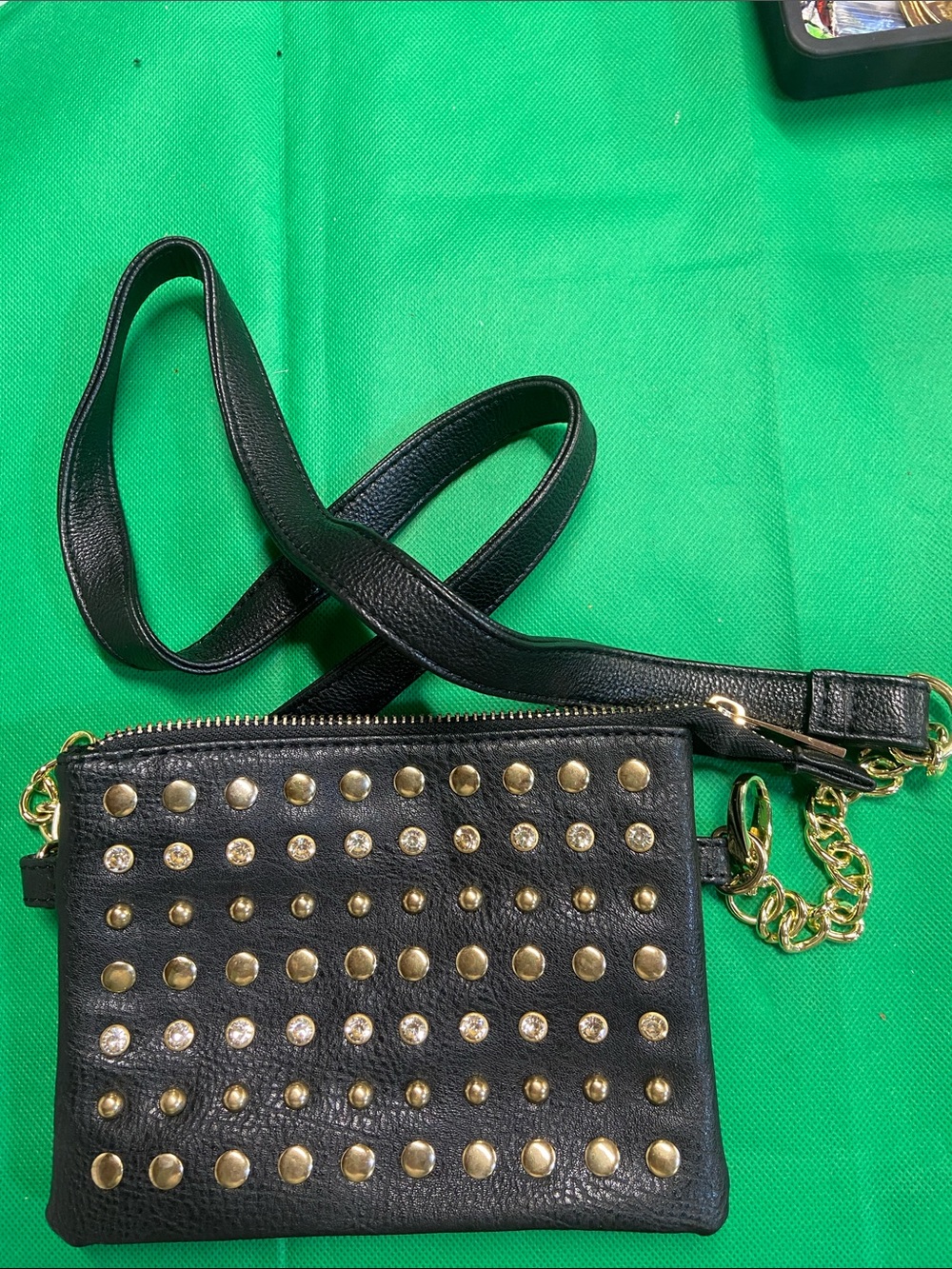 Black Studded Crossbody Bag with Gold Accents (Wristlet Also)